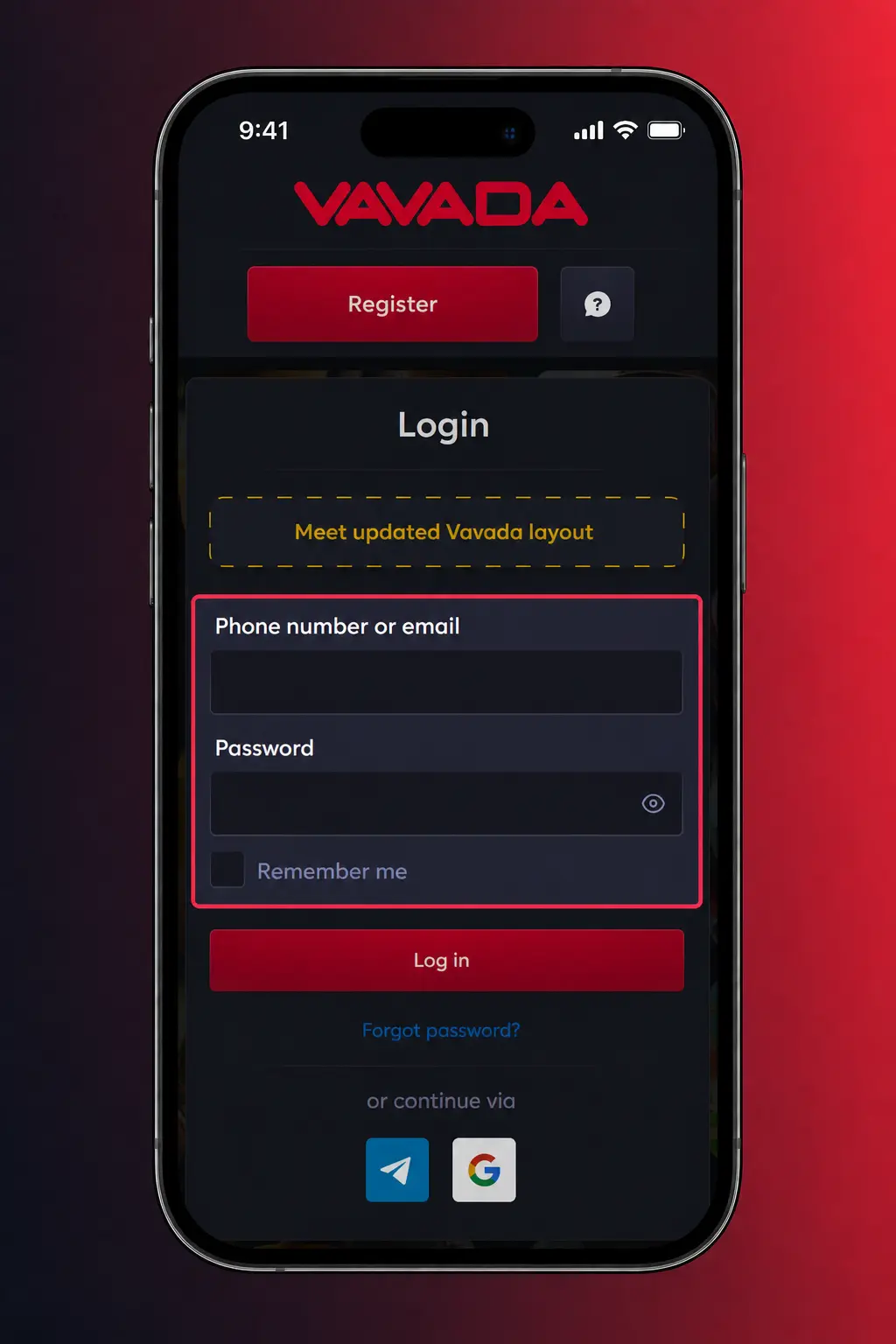 Prijava na Vavada nalog putem email adrese ili broja telefona i lozinke uz dvofaktorsku autentifikaciju
