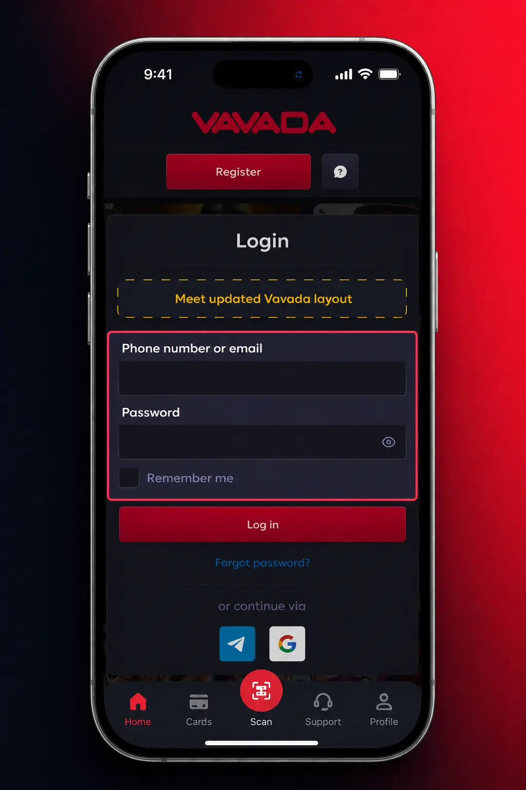 Prijava na Vavada nalog preko mobilne aplikacije uz unos podataka i potvrdu otiskom prsta ili Face ID