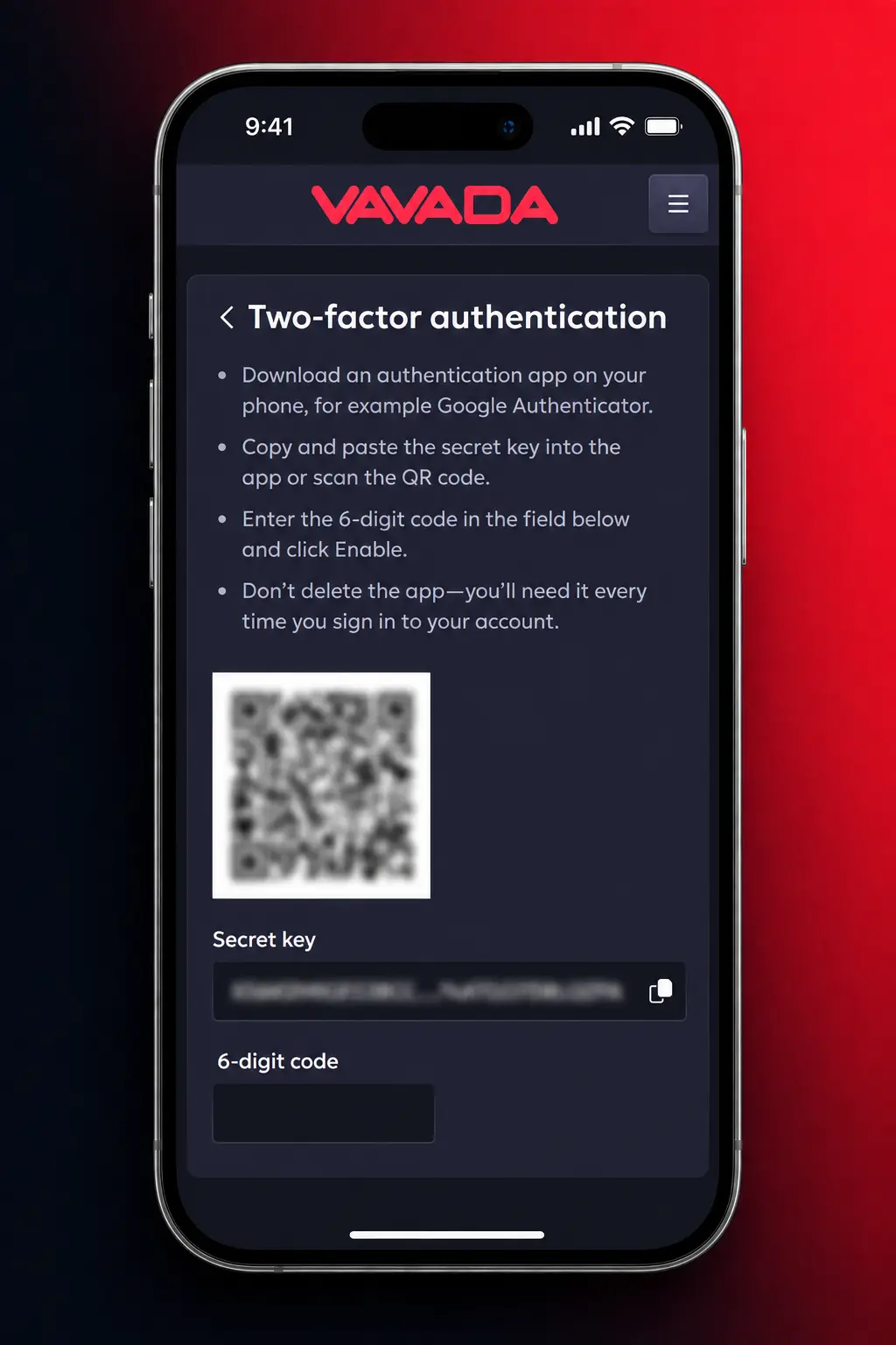 Prijava na Vavada nalog preko mobilne aplikacije uz unos podataka i potvrdu otiskom prsta ili Face ID